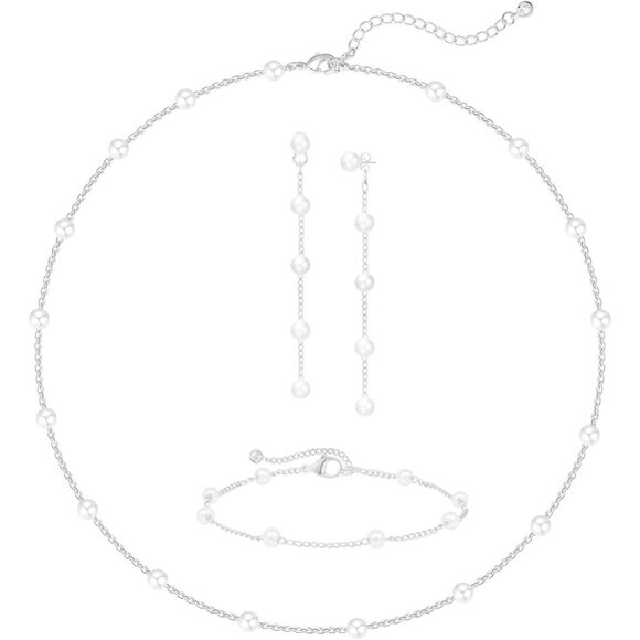 Gold Jewelry Set Silver Women Dainty Pearl Choker Earrings Bracelet Wedding Gift - Picture 1 of 7